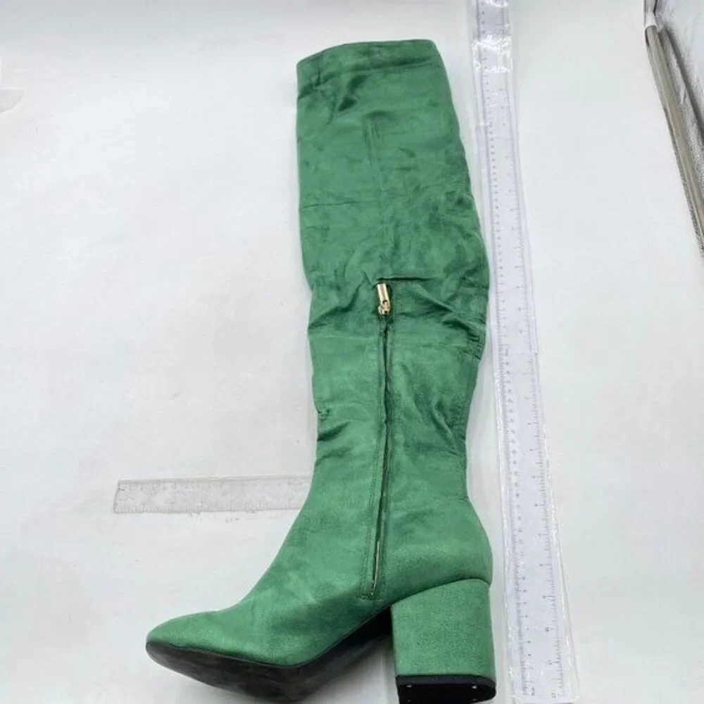 Green Suede Over The Knee Thigh High Boots Square Toe Block Low Heel Long Boot